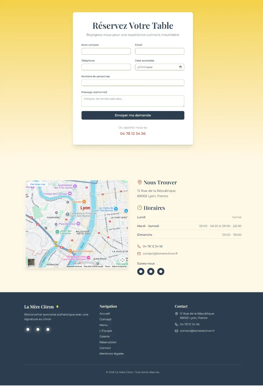 Bas de page réalisé par Bracket Corp pour le site internet du restaurant la mère citron