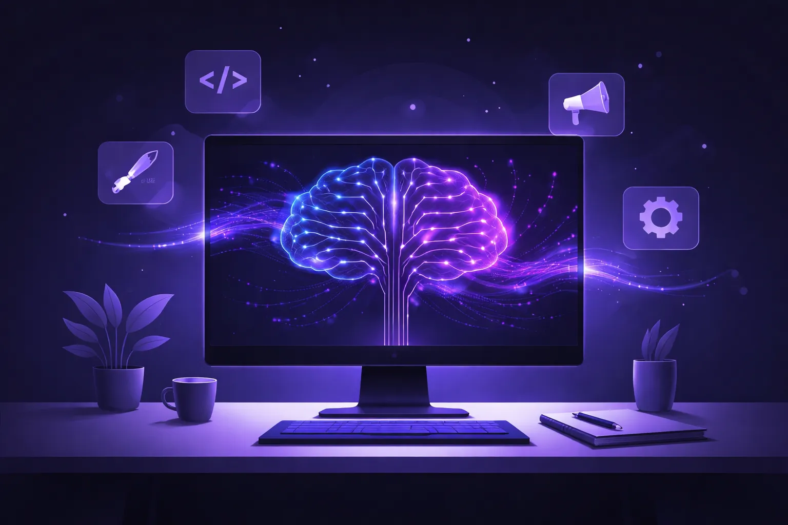 Illustration représentant l'intelligence artificielle au service des agences digitales : écran avec réseau neuronal, icônes de design, développement et automatisation sur fond bleu foncé