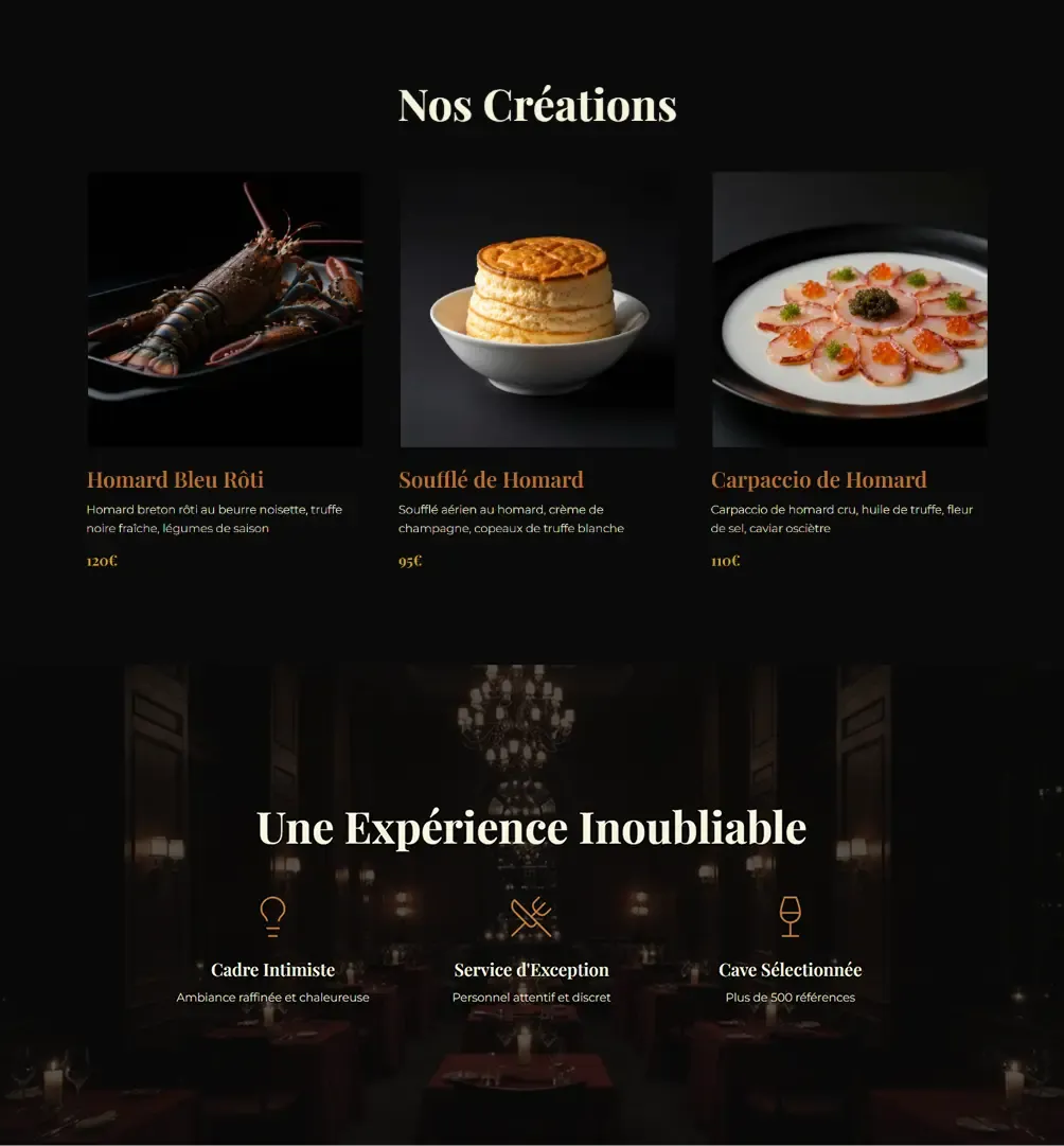 Page menu réalisée par Bracket Corp pour le site internet du restaurant l'Astacien noir