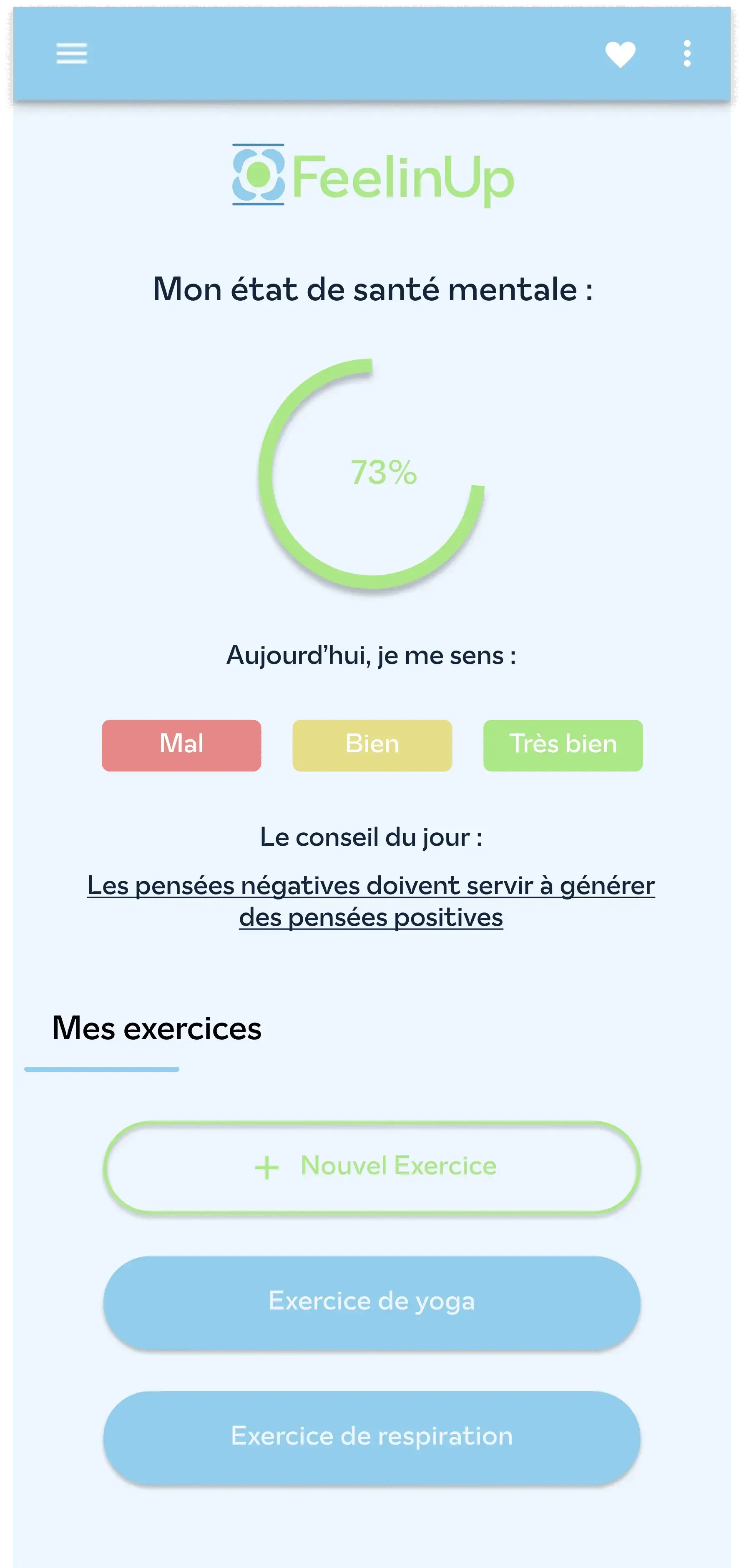 Aperçu pleine page du design d'une page de l'application FeelinUp réalisé par l'agence web Bracket Corp.