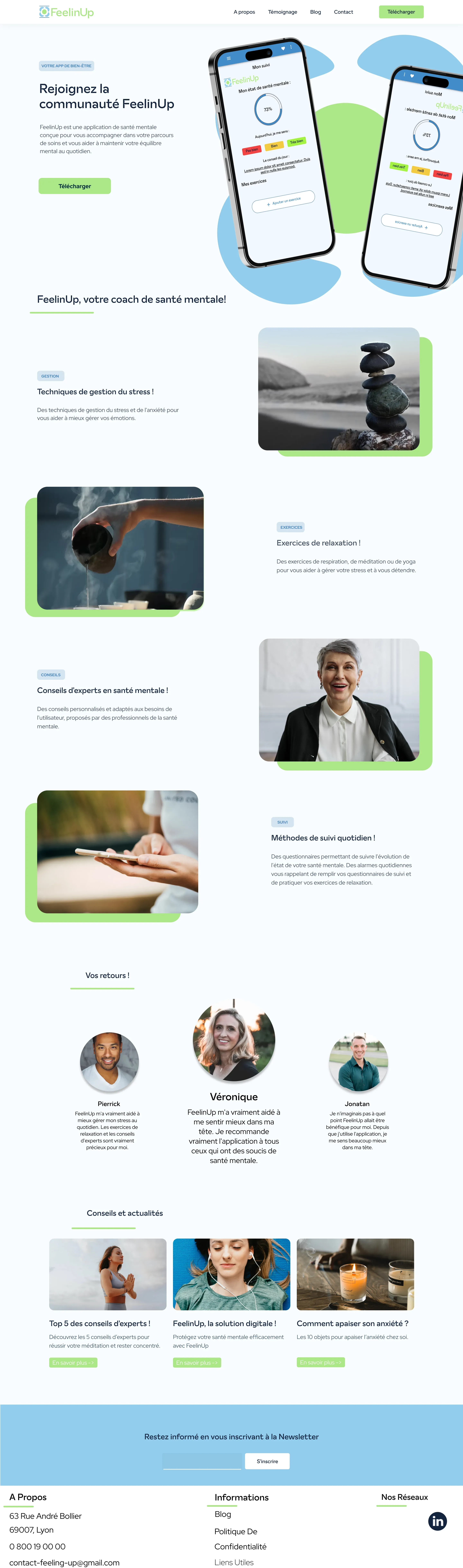 Aperçu pleine page de la landing page de l'application FeelinUp réalisée par l'agence web Bracket Corp.