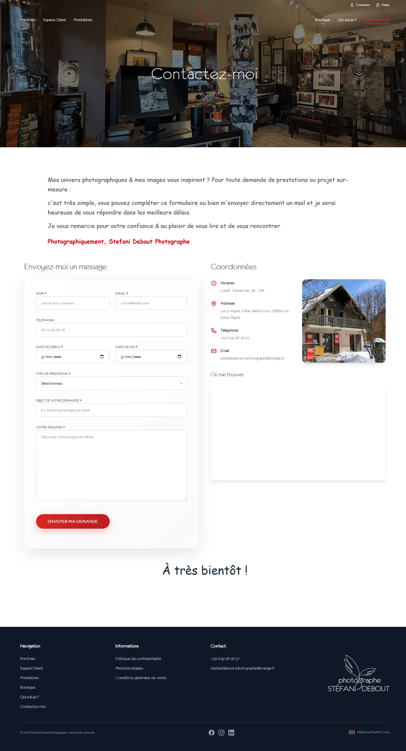 Page contact développée par Bracket Corp pour le site internet de Stefani Debout Photographe