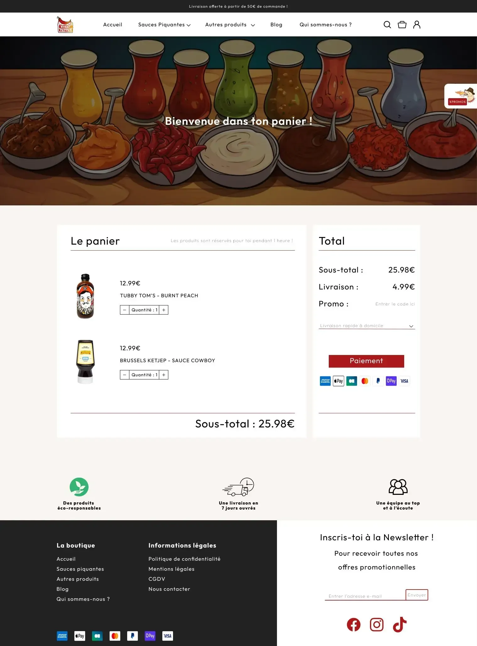 Capture de la page de panier de la boutique e-commerce Sweet Pepper, imaginée par Bracket Corp