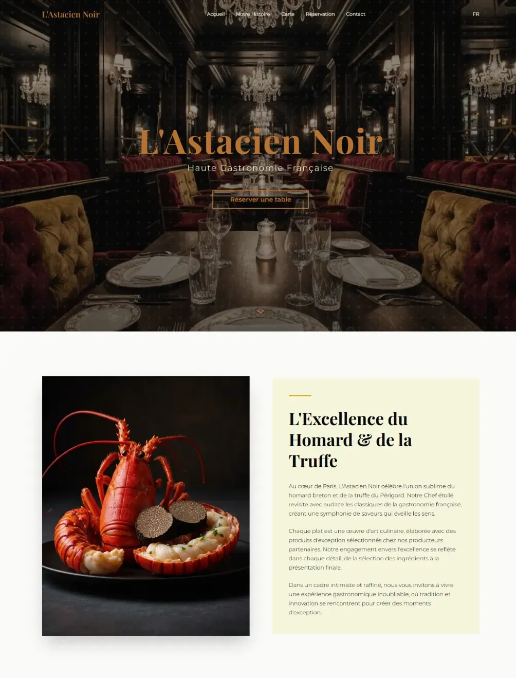 Page d'accueil réalisée par Bracket Corp pour le site internet du restaurant l'Astacien noir